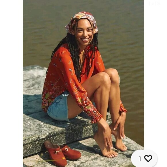 Anthropologie Floral Chiffon Blouse Ruffled Neckline Metal Buttons Size XXS - Picture 8 of 13